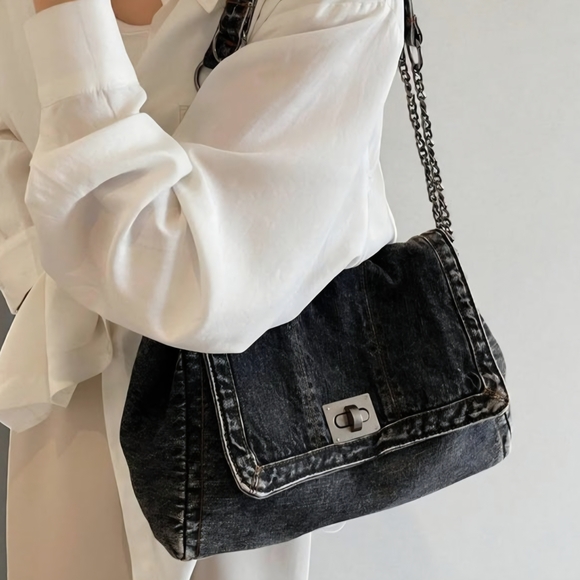 Handbags - Black Denim Acid Wash Foldover Shoulder Bag